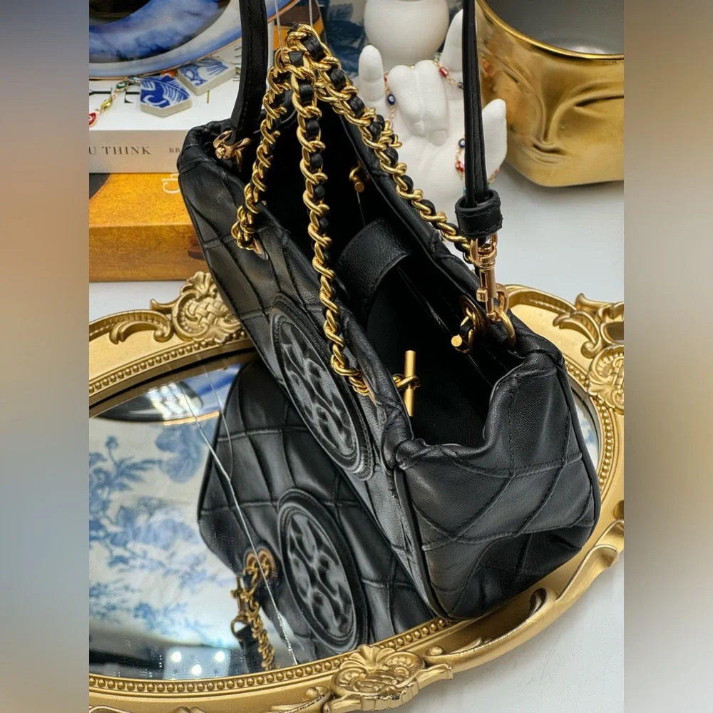 🆕 TORY BURCH 🧿 NWT Mini Fleming Soft Chain Tote - Black Leather -AUTHENTICATED